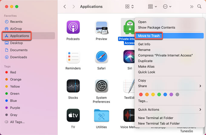 Move to Trash Private Internet Access