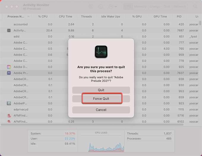 force quit Adobe Prelude