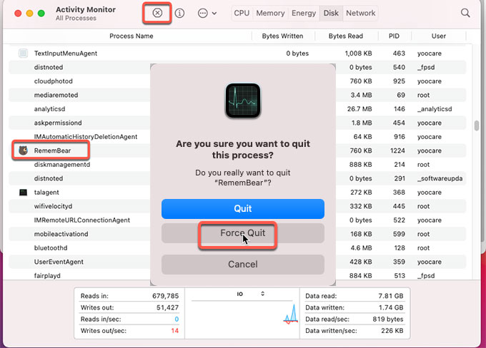 force quit RememBear