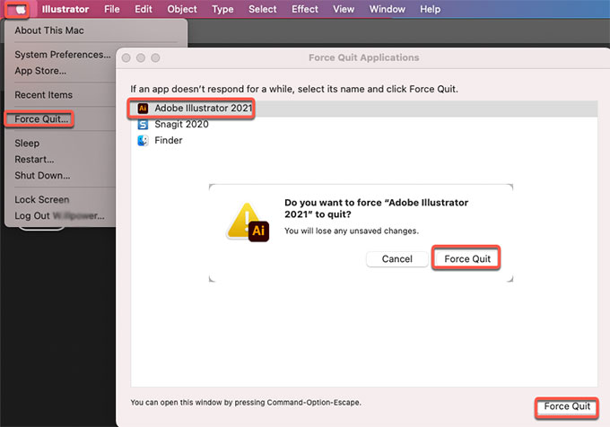 force quit Adobe Illustrator