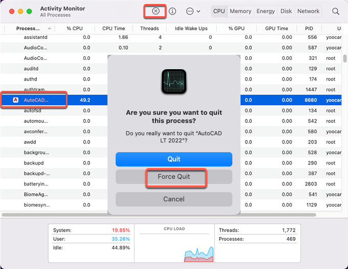 force quit AutoCAD LT