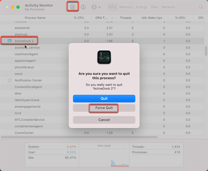 force quit ActiveDock