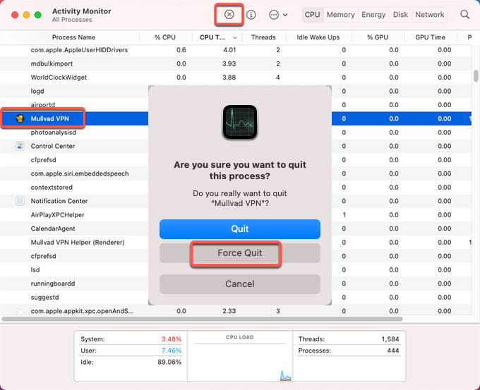 quit all Mullvad VPN activities