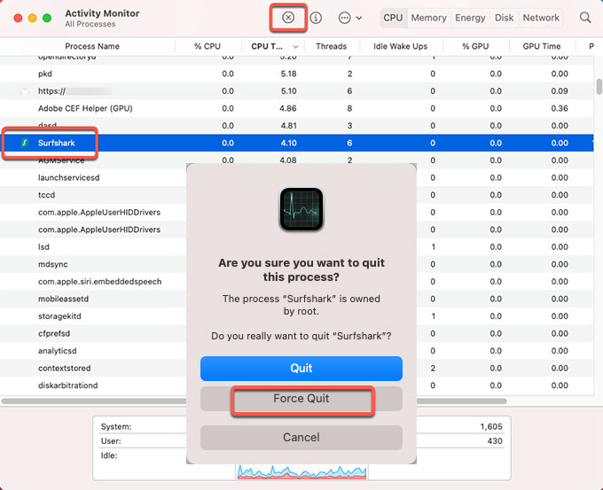 force quit Surfshark