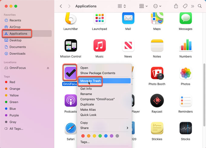 move OmniFocus to Trash