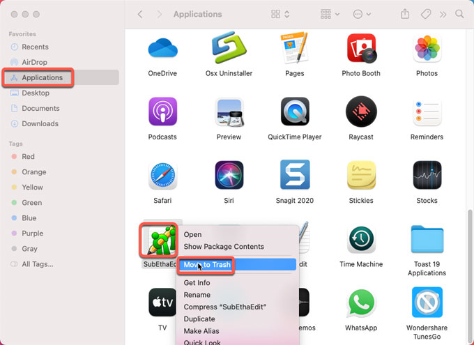delete SubEthaEdit to trash folder