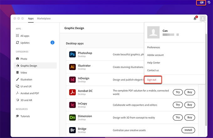 sign out Adobe Creative Cloud