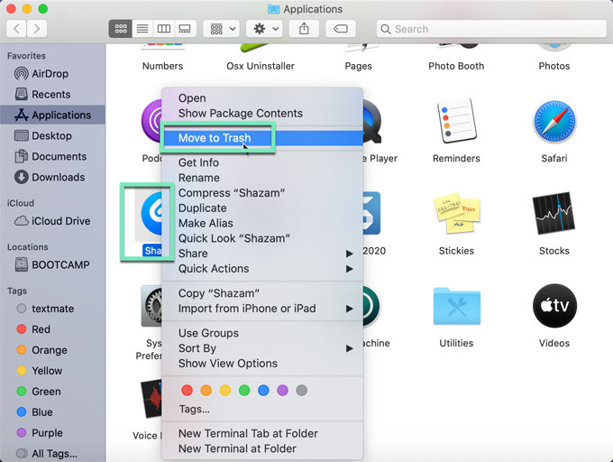 move shazam to trash