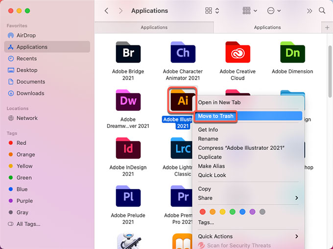 move Adobe Illustrator to trash